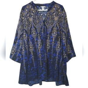 Catherines Boho Bohemian Blouse Blue Golden Black V-neck Tunic Size 3X Plus